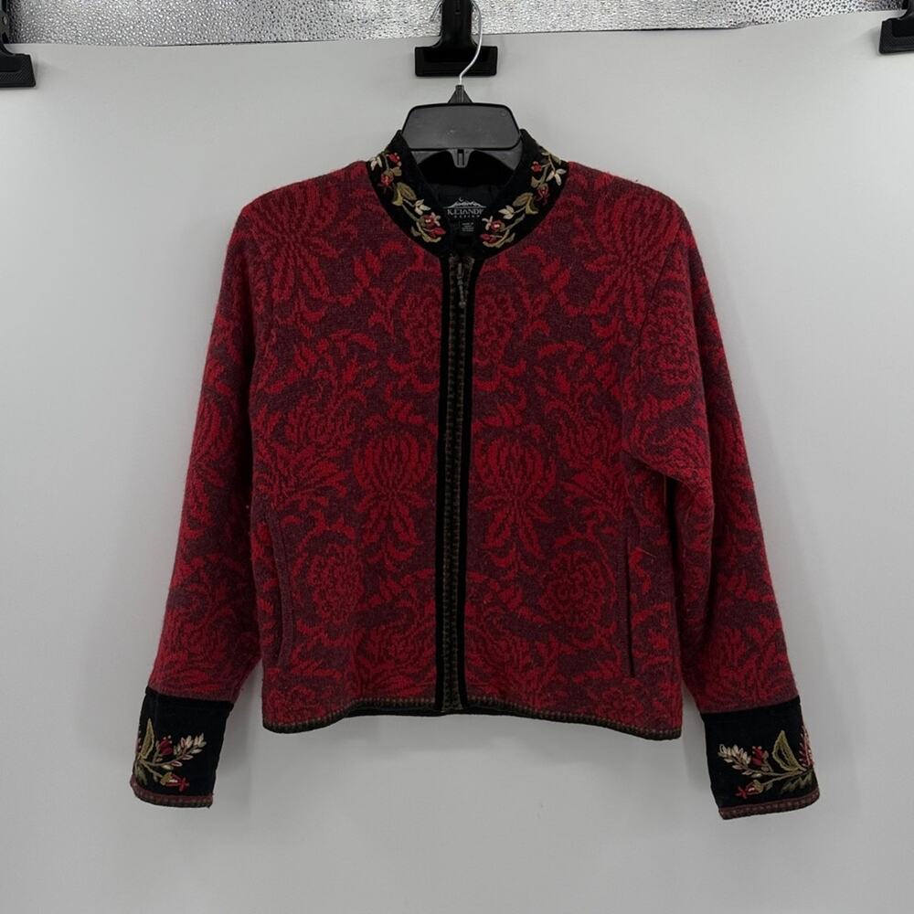 Icelandic Design Wool Blend Full Zip Sweater with Embroidery - Red - Small